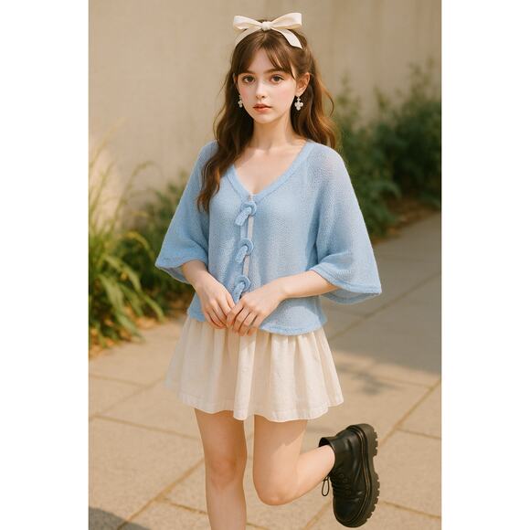 Noelle Tops - Blue Mesh Knit Cardigan Top One Size Sheer Oversized Button Front Coquette Fairy